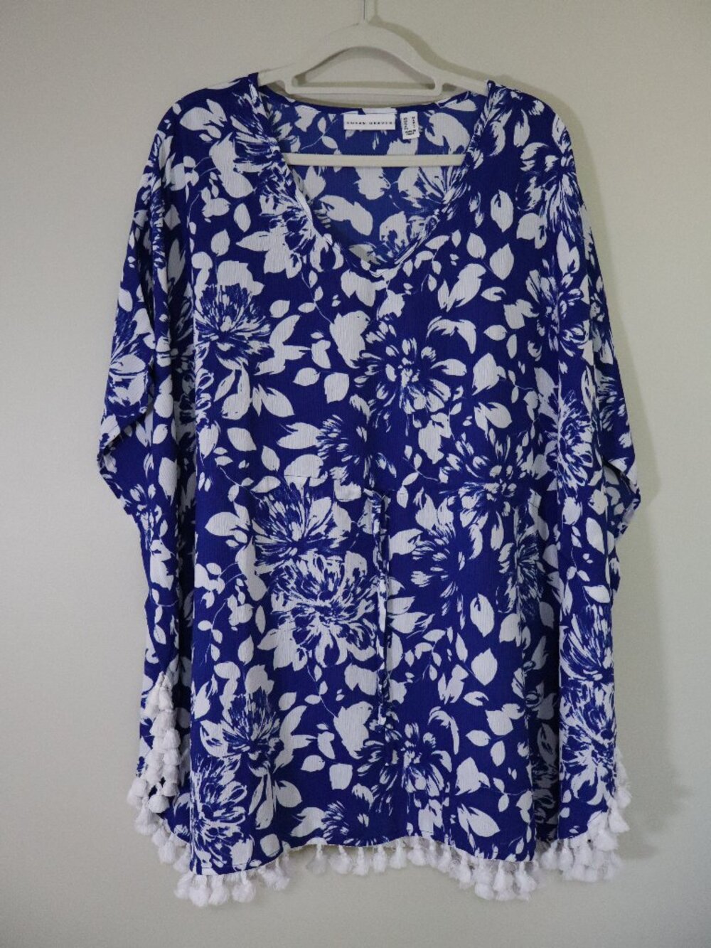 Blue and White Floral Swimsuit Cover Up with Tassels